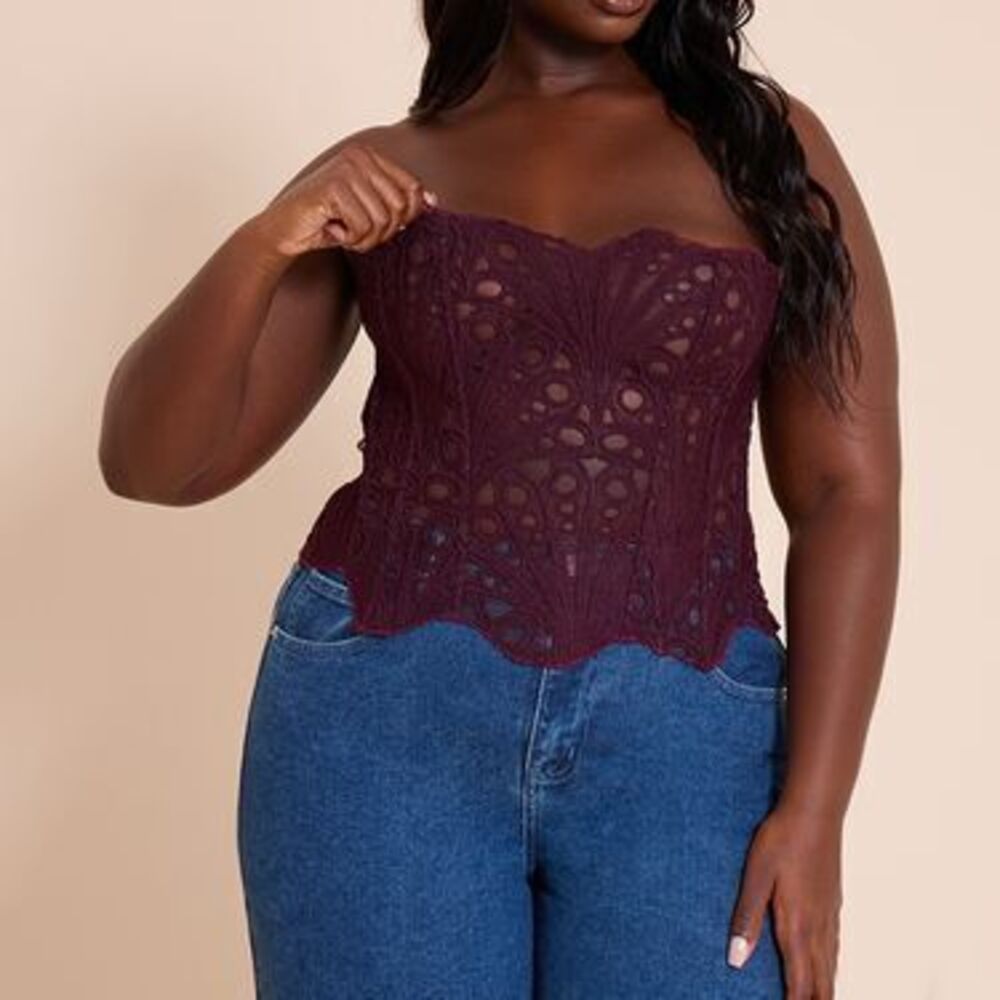 PLUS Plum Textured Sheer Floral Lace Corset